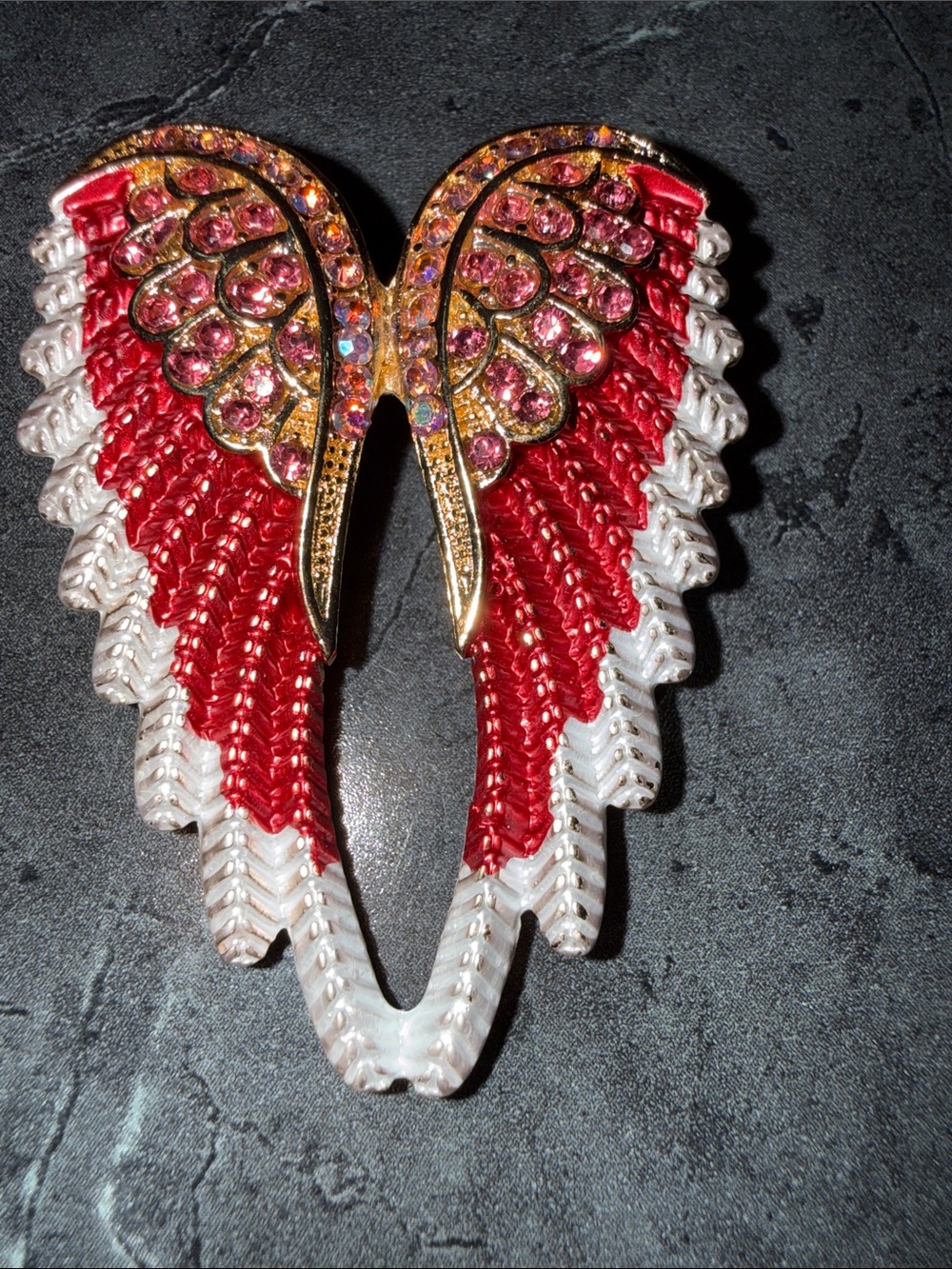 Red and White Wing Pendant Necklace - Sparkling Crystal Accent